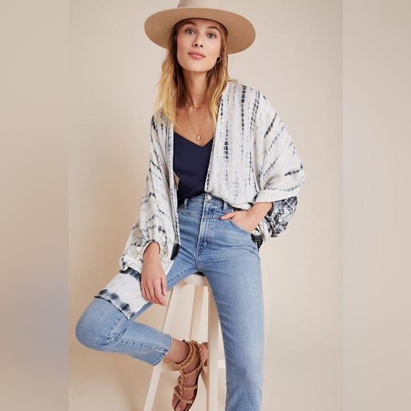 Anthropologie Blue Vada Shimmer Cocoon Kimono Flowly Breathable One Size - Picture 2 of 15